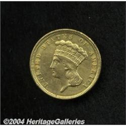 1854 $3 AU50 Fields Tooled, Cleaned,