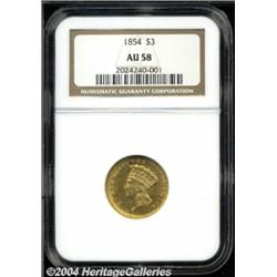 1854 $3 AU58 NGC. Well defined and mostly