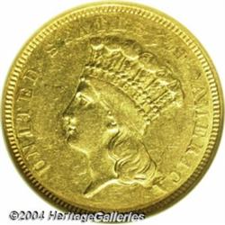 1854-O $3 AU53 NGC. A bit softly struck, as