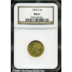1854-O $3 MS61 NGC. Gold-copper patina, and