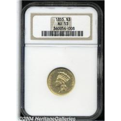 1855 $3 AU53 NGC. A decent amount of luster is