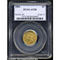 1856 $3 AU58 PCGS. Glimpses of luster persist