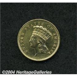 1857-S $3 AU55 Cleaned, Uncertified. This coin