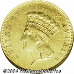 1858 $3 AU53 ANACS. Some light wear shows on