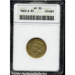 1860-S $3 VF30 ANACS. A very well detailed