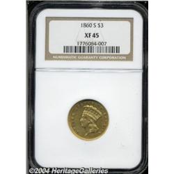 1860-S $3 XF45 NGC. Deep copper-gold color