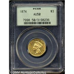 1874 $3 AU50 PCGS. An average strike with