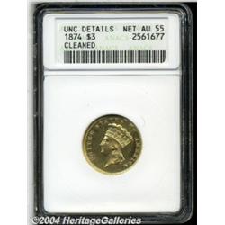1874 $3--Cleaned--ANACS. Unc Details, Net