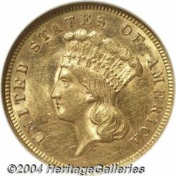 1874 $3 MS62 NGC. Yellow-gold color with an