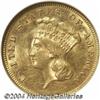 Image 1 : 1874 $3 MS62 NGC. Yellow-gold color with an