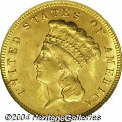 1874 $3 MS63 NGC. Hues of deep golden-orange