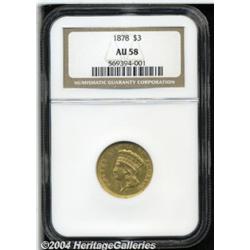 1878 $3 AU58 NGC. This example exhibits satiny