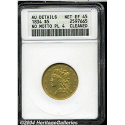 1834 $5 Plain 4--Cleaned--ANACS. AU Details,
