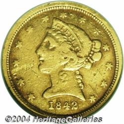 1842-C $5 Small Date VF20 Details, Damaged,