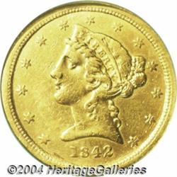 1842-C $5 Small Date AU50 Details, Repaired,