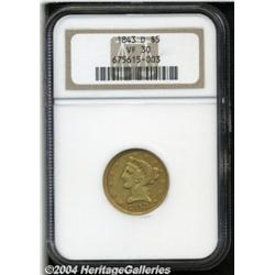 1843-D $5 Medium D VF30 NGC. Variety 10-H.