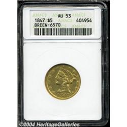 1847 $5 AU53 ANACS. Breen-6570. The peak of