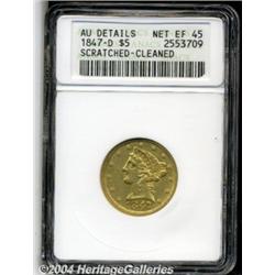 1847-D $5--Scratched, Cleaned--ANACS. AU