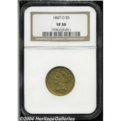 1847-O $5 VF30 NGC. A moderately circulated