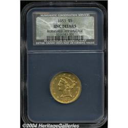 1853 $5 MS60 Details, Burnished, Reverse