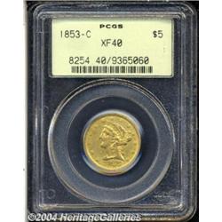 1853-C $5 XF40 PCGS. Variety 20-H. An original