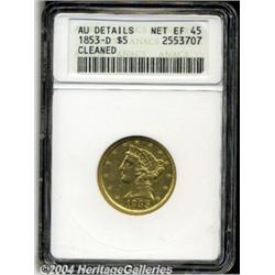 1853-D $5 Large D--Cleaned--ANACS. AU Details,