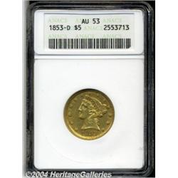 1853-D $5 Large D AU53 ANACS. Variety 29-V.