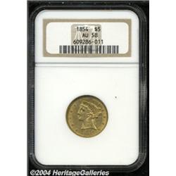 1854 $5 AU58 NGC. A lesser seen No Motto issue