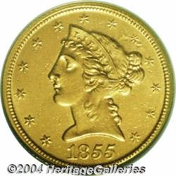 1855-D $5 Large D AU Details, Burnished, NCS.