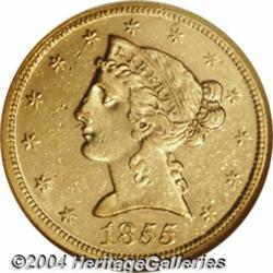 1855-D $5 Large D AU53 NGC. Variety 32-AA. The