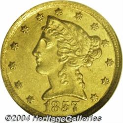 1857-C $5 AU58 NGC. Variety 25-J, the only