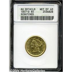 1857-D $5--Scratched--ANACS. AU Details, Net