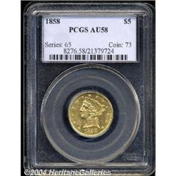 1858 $5 AU58 PCGS. Pleasing yellow-gold color.