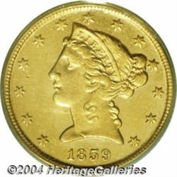 1859-D $5 Medium D AU53 PCGS. Variety 36-CC.