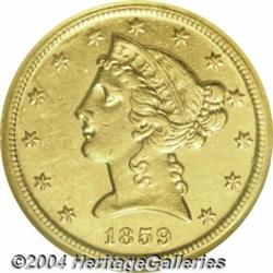 1859-D $5 Medium D AU58 NGC. Variety 36-CC.