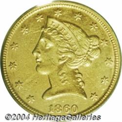 1860-C $5 AU55 PCGS. Variety 28-M. The