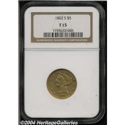 1862-S $5 Fine 15 NGC. Liberty's neck has a
