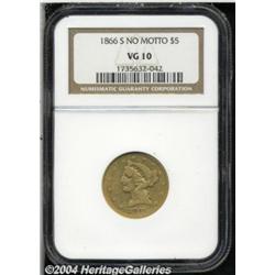 1866-S $5 No Motto VG10 NGC. Most of the