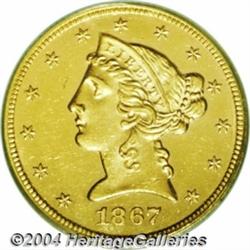 1867 $5 AU58 PCGS. This well struck With Motto