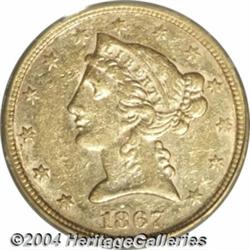1867-S $5 AU50 PCGS. A second AU example of