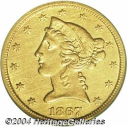 1867-S $5 AU Details, Improperly Cleaned, NCS.