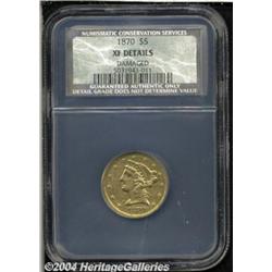 1870 $5 XF40 Details, Damaged, NCS. A polished
