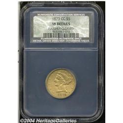 1873-CC $5 VF20 Details, Harshly Cleaned, NCS.
