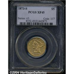 1873-S $5 XF45 PCGS. Rich copper-gold color