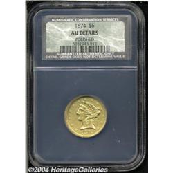1874 $5 AU50 Details, Polished, NCS. A