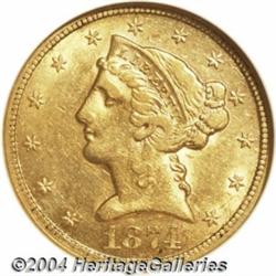 1874-CC $5 AU55 NGC. Variety 2-D. This variety