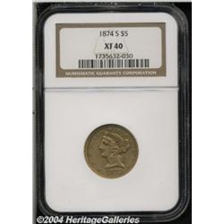 1874-S $5 XF40 NGC. Well detailed, for the