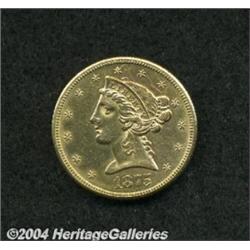 1875-CC $5 AU55 Cleaned, Uncertified. A rare