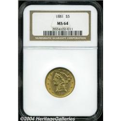 1881 $5 MS64 NGC. Copper-gold coloration over