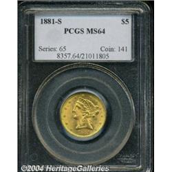 1881-S $5 MS64 PCGS. A lustrous and